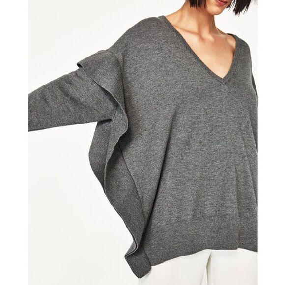 Zara Ruffle Trim Sides V Neck Sweater Grey Medium Dolman Sleeve - Picture 7 of 15